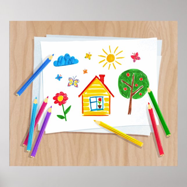 Childlike Crayon Drawing House Scene Poster (Front)