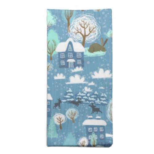 Childlike Winter Scene in Blues Cloth Napkin