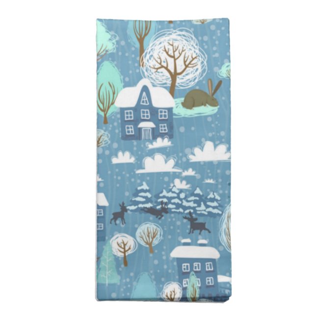 Childlike Winter Scene in Blues Cloth Napkin (Folded)