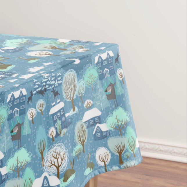 Childlike Winter Scene In Blues  Cotton Tablecloth (In Situ)