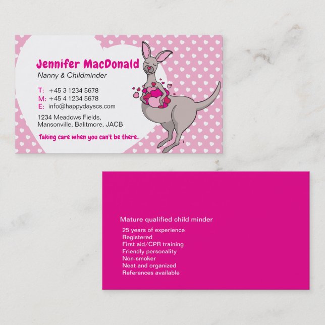 Childminder baby sitter carer pink kangaroo cards (Front/Back)