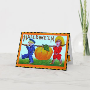 Children and Big Pumpkin Vintage Halloween Card