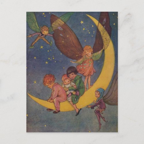 Children and Fairies Ride the Moon Postcard