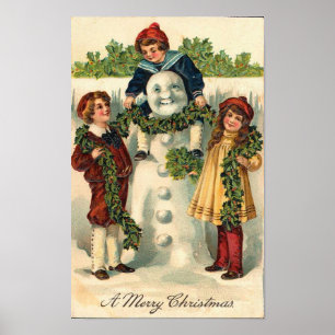 Children and Snowman Card Poster