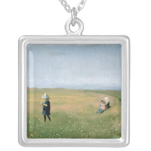 Children and Young Girls picking Flowers Silver Plated Necklace