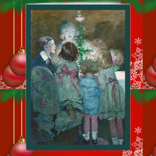 Children around the Christmas tree, vintage Holiday Card