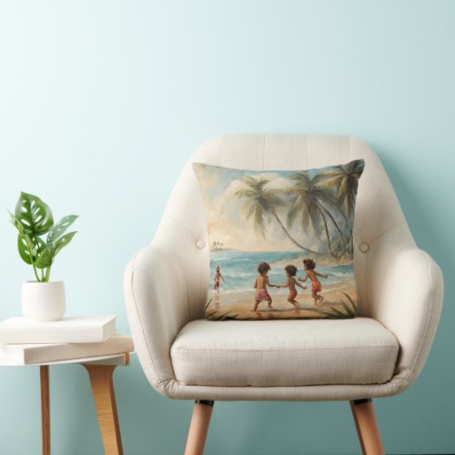 Children at Beach Design Pillow