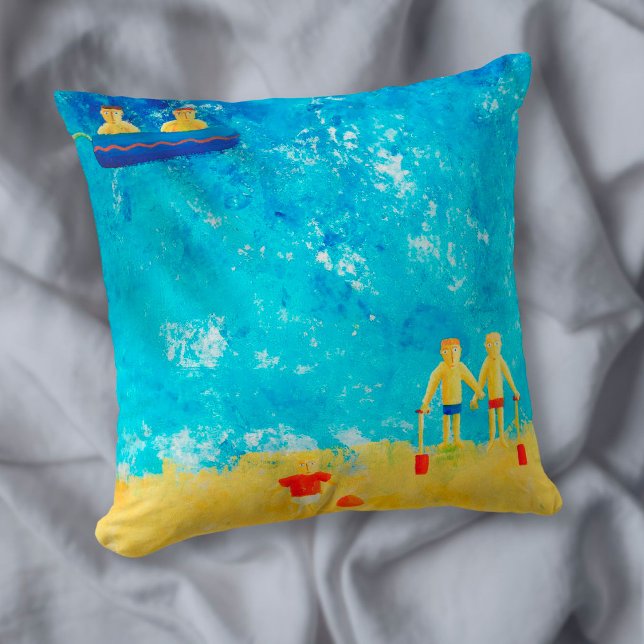 Children at the Seaside Modern Contemporary Art Throw Pillow (Creator Uploaded)
