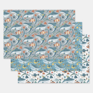 Children Birthday Ocean Sea Shark Fish Favors Wrapping Paper Sheets