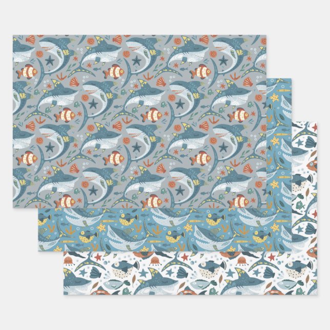 Children Birthday Ocean Sea Shark Fish Favors Wrapping Paper Sheets (Set)