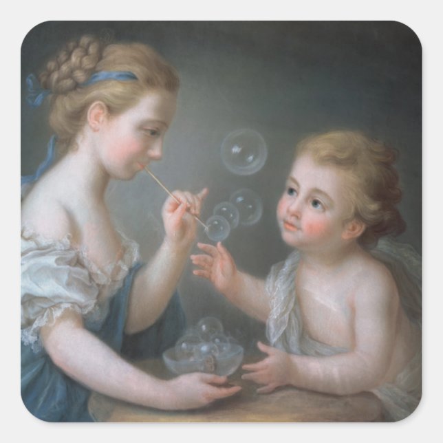 Children blowing bubbles square sticker (Front)
