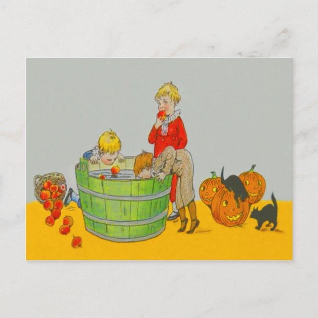 Children Bobbing For Apples Jack O' Lantern Postcard (Front)