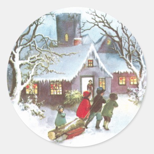 Children Bring Home Yule Log Vintage Christmas Classic Round Sticker