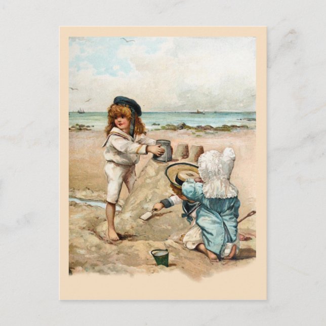 Children Build Vintage Sandcastle Postcard (Front)