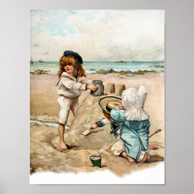 Children Build Vintage Sandcastle Poster (Front)