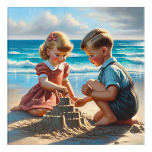 Children Building a Sandcastle on the Beach Acrylic Print