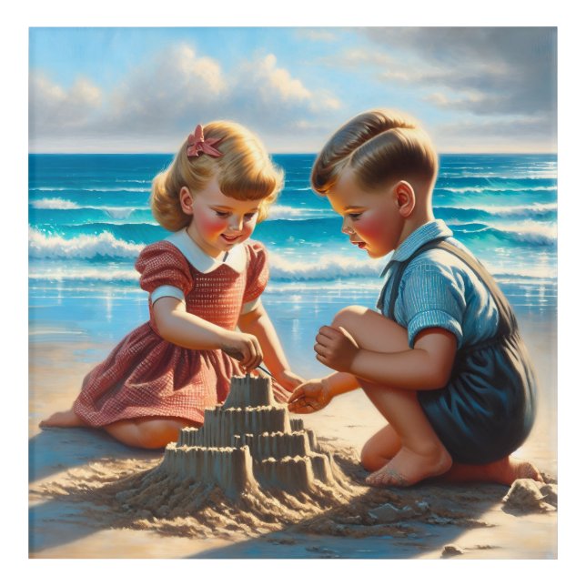 Children Building a Sandcastle on the Beach  Acrylic Print (Front)