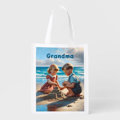 Children Building a Sandcastle on the Beach  Grocery Bag