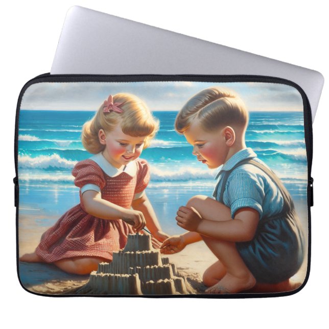 Children Building a Sandcastle on the Beach  Laptop Sleeve (Front)