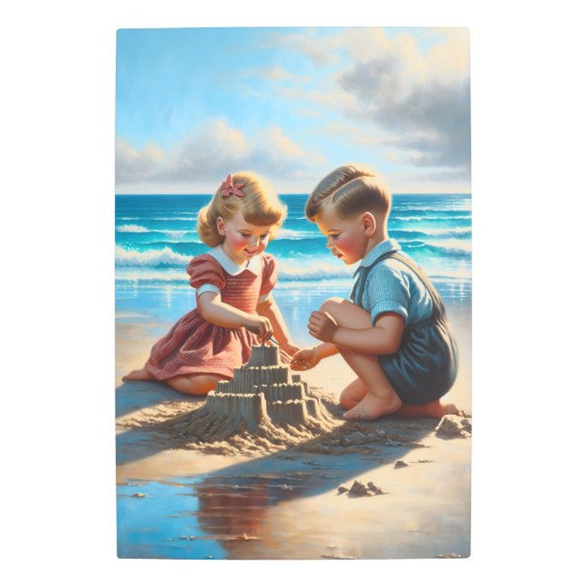 Children Building a Sandcastle on the Beach  Metal Print (Front)