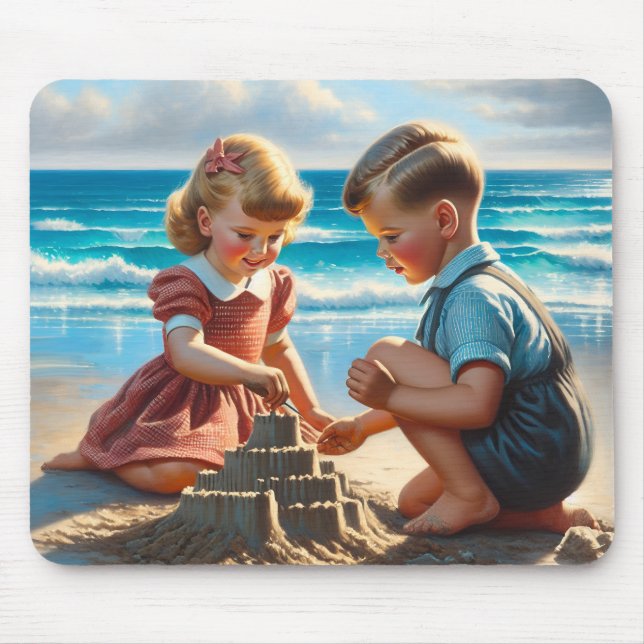 Children Building a Sandcastle on the Beach  Mouse Pad (Front)