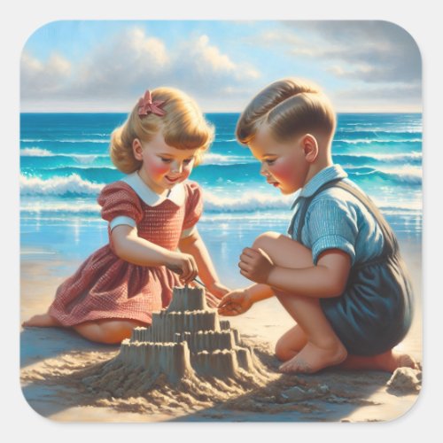 Children Building a Sandcastle on the Beach  Square Sticker