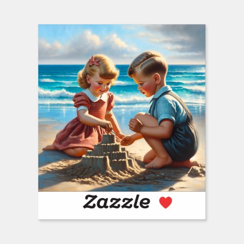 Children Building a Sandcastle on the Beach  Sticker