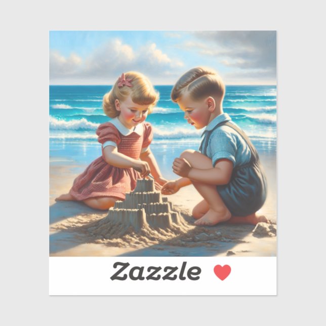 Children Building a Sandcastle on the Beach  Sticker (Sheet)