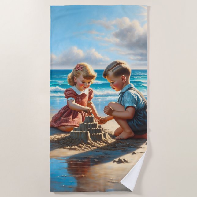 Children Building a Sandcastle on the Beach  Towel (Front)