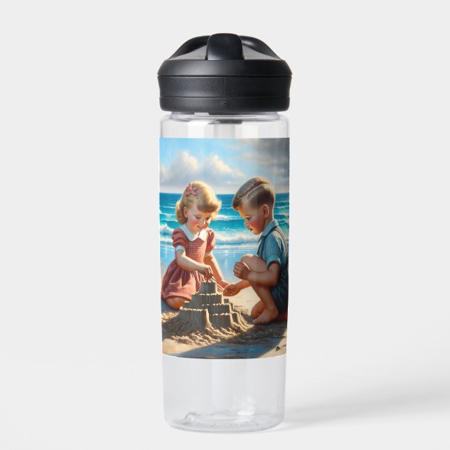 Children Building a Sandcastle on the Beach  Water Bottle (Front)