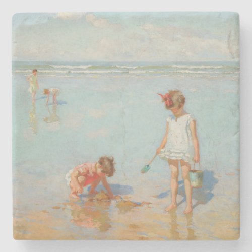 Children by the Sea Summer Beach Scene Stone Coaster