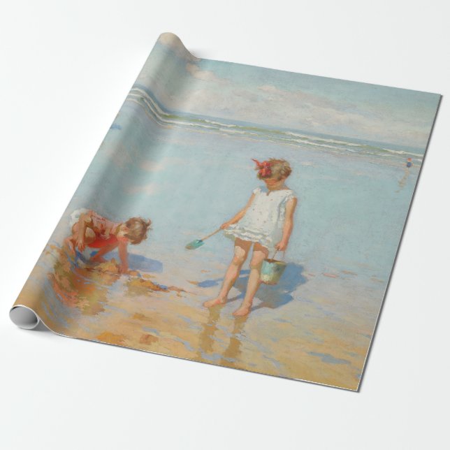 Children by the Sea (Summer Beach Scene) Wrapping Paper (Unrolled)