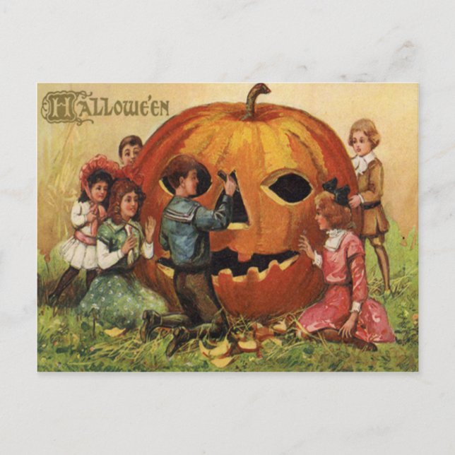 Children Carving Jack O Lantern Pumpkin Postcard (Front)
