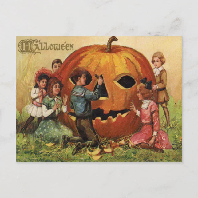 Children Carving Jack O Lantern Pumpkin Postcard | Zazzle