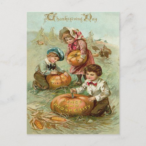 Children Carving Pumpkins Corn Haystack Holiday Postcard