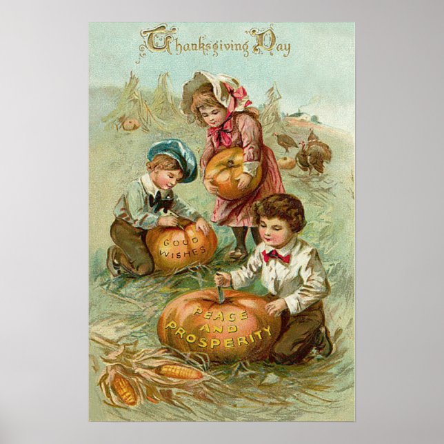 Children Carving Pumpkins Turkey Haystack Corn Poster (Front)