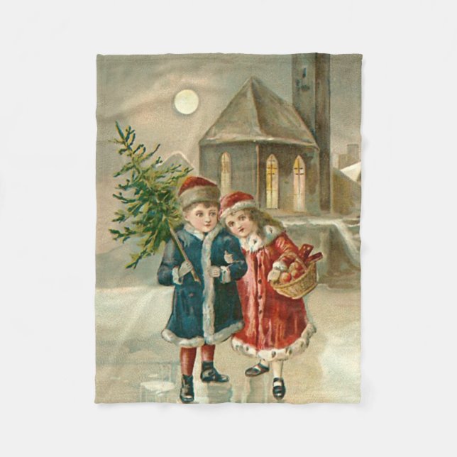 Children Christmas Tree Church Frozen Pond Snow Fleece Blanket (Front)
