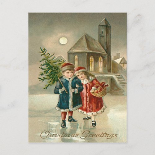 Children Christmas Tree Church Frozen Pond Snow Holiday Postcard