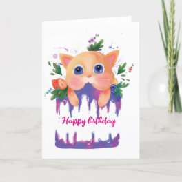Children Cute Birthday Cat and Cake Birthday Card