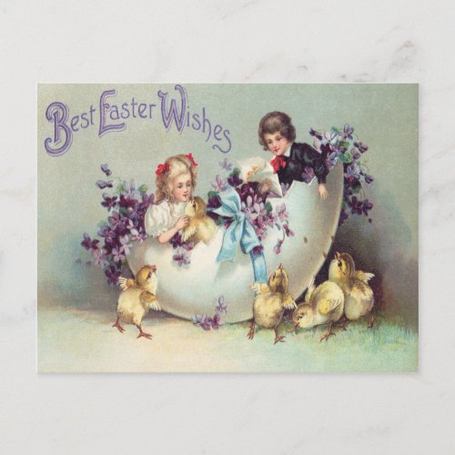 Children Easter Chick Egg Violets Holiday Postcard