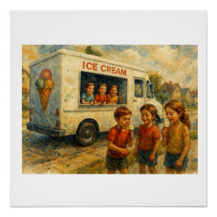 Children Enjoying Ice Cream Truck, Poster