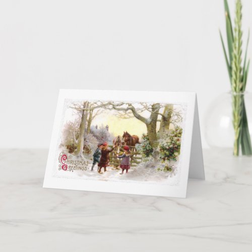 Children Feeding Horses Antique Christmas Holiday Card