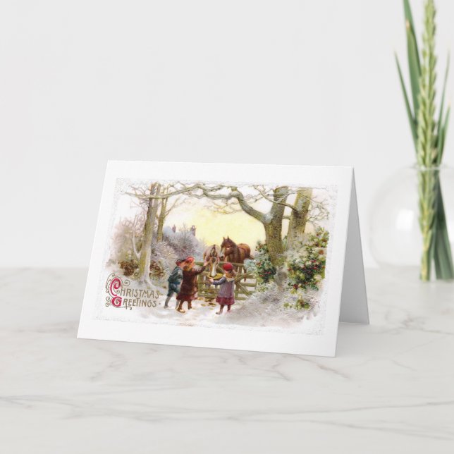 Children Feeding Horses Antique Christmas Holiday Card (Front)