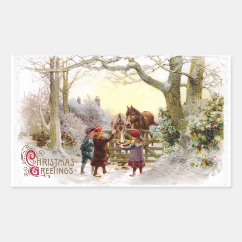 Children Feeding Horses Antique Christmas Rectangular Sticker