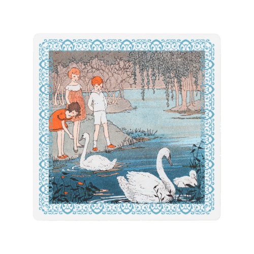 Children Feeding White Swans in Blue Lake Metal Print