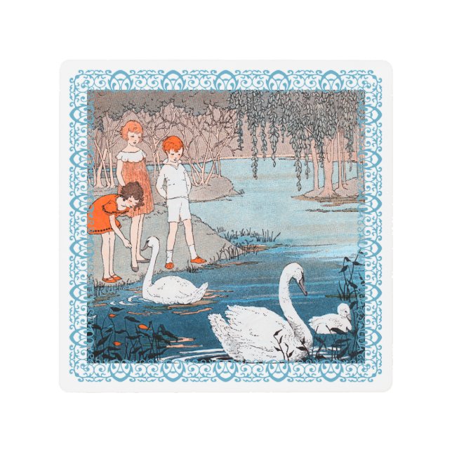 Children Feeding White Swans in Blue Lake Metal Print (Front)