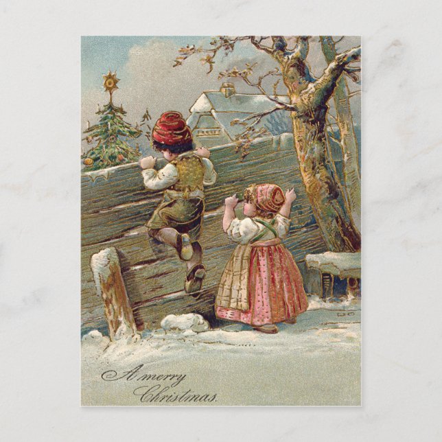Children Fence Christmas Tree Winter Cottage Holiday Postcard (Front)