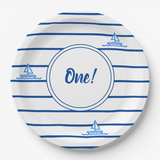 Children First Birthday Blue Stripes Sail Boat  Paper Plates (Front)