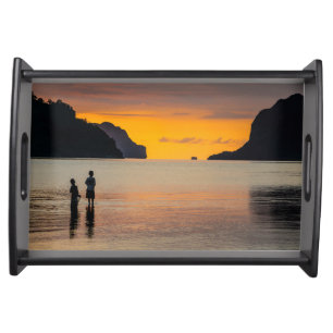 Children Fishing At Sunset Serving Tray