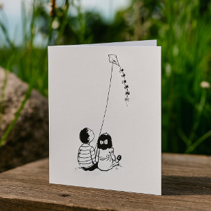 Children Flying Kite Silhouette Card